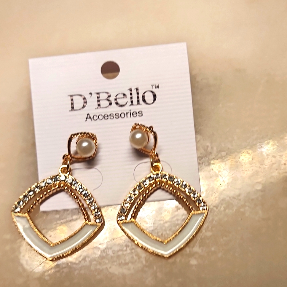 Gold Dangle Earrings With Geometric Design And Sparkling Studs